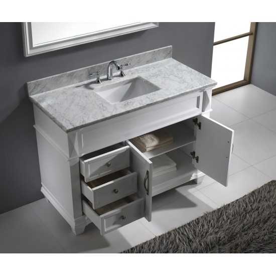 Victoria 48" Single Bath Vanity in White with White Marble Top and Square Sink with Brushed Nickel Faucet and Matching Mirror