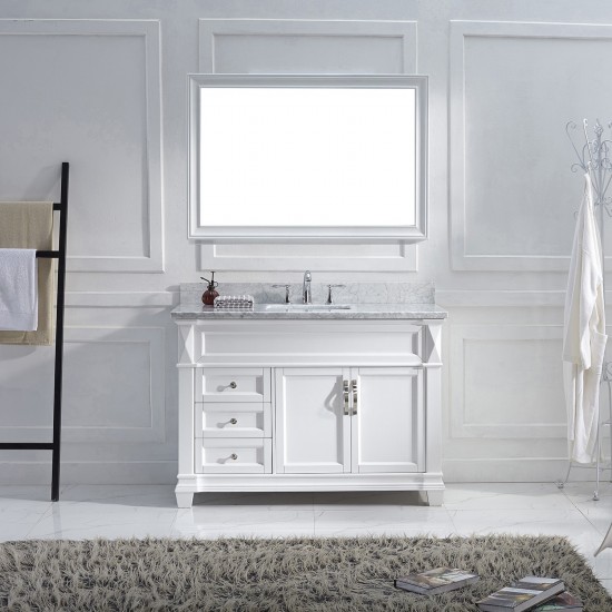 Victoria 48" Single Bath Vanity in White with White Marble Top and Square Sink with Polished Chrome Faucet and Matching Mirro