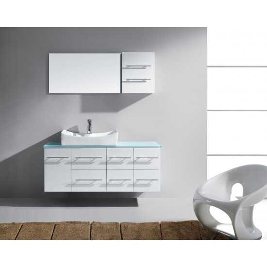 Ceanna 55" Single Bath Vanity in White with Green Glass Top and Square Sink and Matching Mirror