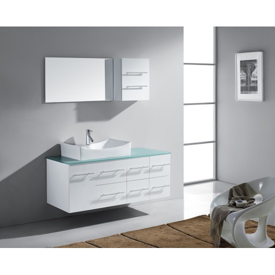 Ceanna 55" Single Bath Vanity in White with Green Glass Top and Square Sink and Matching Mirror