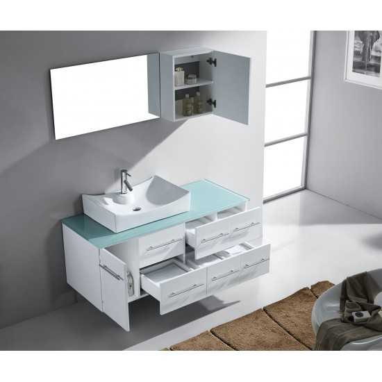 Ceanna 55" Single Bath Vanity in White with Green Glass Top and Square Sink and Matching Mirror