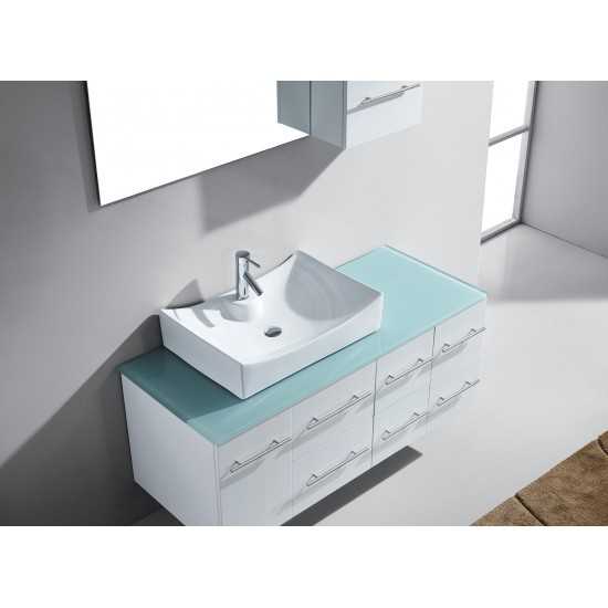 Ceanna 55" Single Bath Vanity in White with Green Glass Top and Square Sink and Matching Mirror