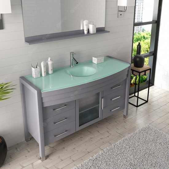 Ava 55" Single Bath Vanity in Gray with Green Glass Top with Brushed Nickel Faucet and Matching Mirror