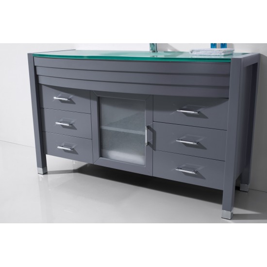 Ava 55" Single Bath Vanity in Gray with Green Glass Top with Brushed Nickel Faucet and Matching Mirror