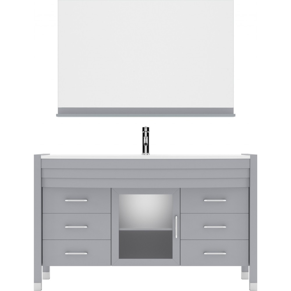 Ava 55" Single Bath Vanity in Gray with White Engineered Stone Top and Round Sink and Matching Mirror