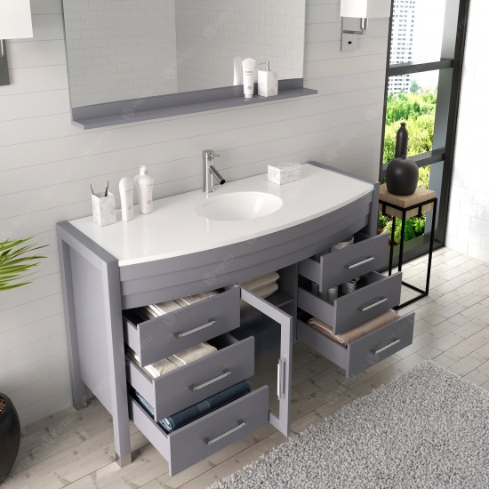 Ava 55" Single Bath Vanity in Gray with White Engineered Stone Top and Round Sink and Matching Mirror