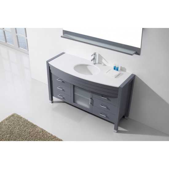 Ava 55" Single Bath Vanity in Gray with White Engineered Stone Top and Round Sink and Matching Mirror