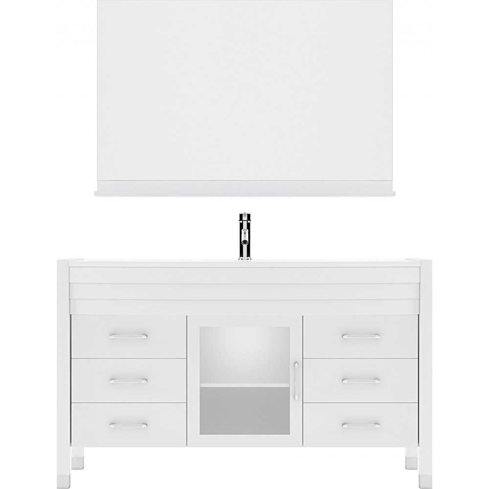 Ava 55" Single Bath Vanity in White with White Engineered Stone Top and Round Sink and Matching Mirror