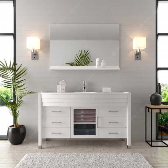 Ava 55" Single Bath Vanity in White with White Engineered Stone Top and Round Sink and Matching Mirror