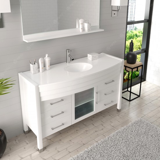 Ava 55" Single Bath Vanity in White with White Engineered Stone Top and Round Sink and Matching Mirror