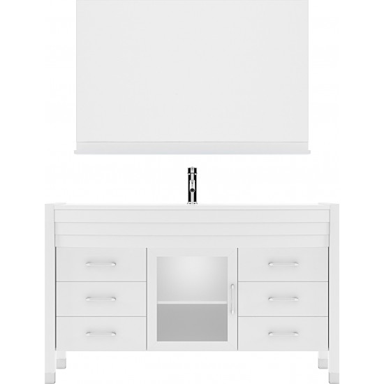 Ava 55" Single Bath Vanity in White with White Engineered Stone Top and Round Sink with Brushed Nickel Faucet and Mirror