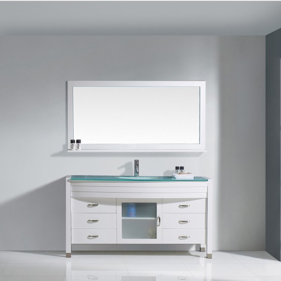 Ava 61" Single Bath Vanity in White with Green Glass Top and Matching Mirror