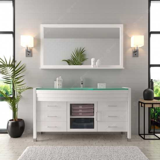 Ava 61" Single Bath Vanity in White with Green Glass Top and Matching Mirror