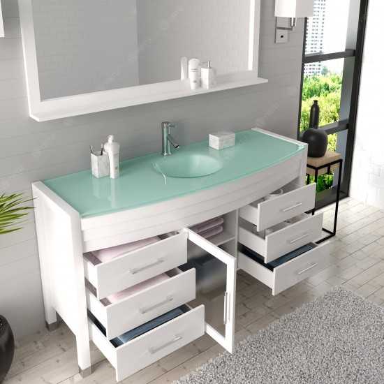 Ava 61" Single Bath Vanity in White with Green Glass Top with Brushed Nickel Faucet and Matching Mirror