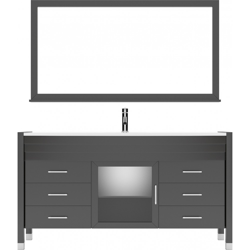 Ava 61" Single Bath Vanity in Espresso with White Engineered Stone Top and Round Sink with Brushed Nickel Faucet and Mirror