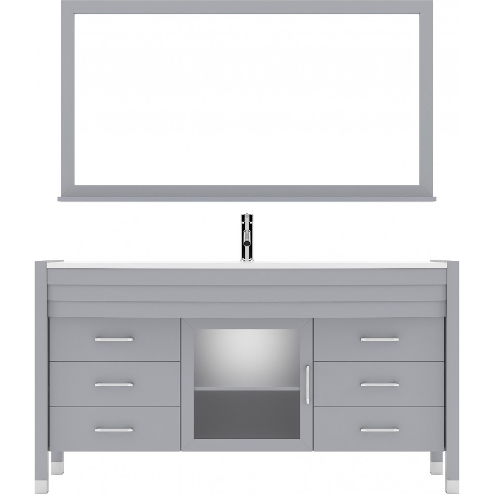 Ava 61" Single Bath Vanity in Gray with White Engineered Stone Top and Round Sink and Matching Mirror