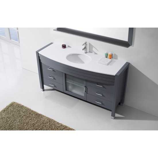 Ava 61" Single Bath Vanity in Gray with White Engineered Stone Top and Round Sink and Matching Mirror