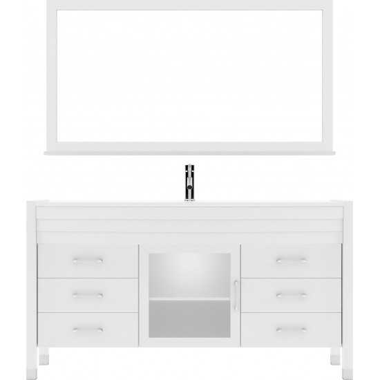 Ava 61" Single Bath Vanity in White with White Engineered Stone Top and Round Sink with Brushed Nickel Faucet and Mirror