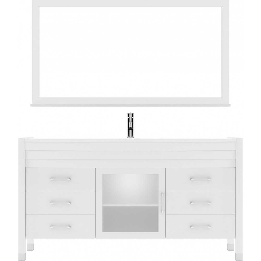 Ava 61" Single Bath Vanity in White with White Engineered Stone Top and Round Sink with Brushed Nickel Faucet and Mirror