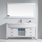 Ava 61" Single Bath Vanity in White with White Engineered Stone Top and Round Sink with Brushed Nickel Faucet and Mirror