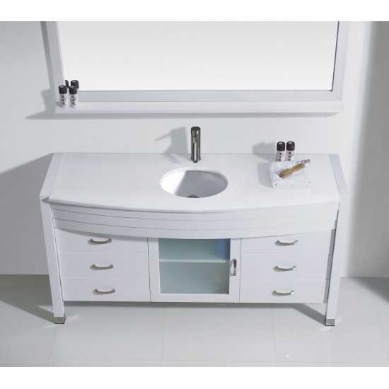 Ava 61" Single Bath Vanity in White with White Engineered Stone Top and Round Sink with Brushed Nickel Faucet and Mirror