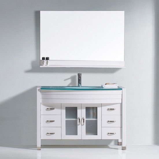 Ava 48" Single Bath Vanity in White with Green Glass Top and Matching Mirror