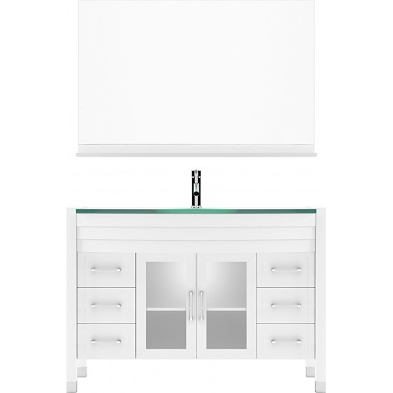 Ava 48" Single Bath Vanity in White with Green Glass Top with Brushed Nickel Faucet and Matching Mirror