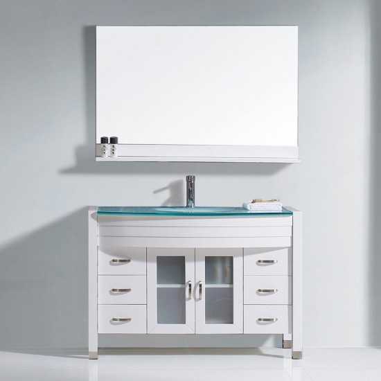 Ava 48" Single Bath Vanity in White with Green Glass Top with Brushed Nickel Faucet and Matching Mirror