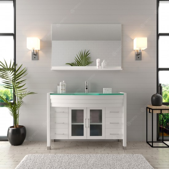 Ava 48" Single Bath Vanity in White with Green Glass Top with Brushed Nickel Faucet and Matching Mirror