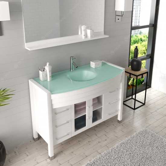 Ava 48" Single Bath Vanity in White with Green Glass Top with Brushed Nickel Faucet and Matching Mirror