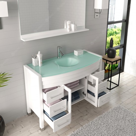 Ava 48" Single Bath Vanity in White with Green Glass Top with Brushed Nickel Faucet and Matching Mirror