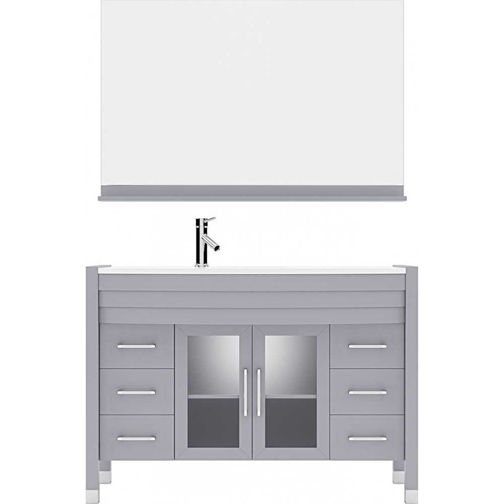 Ava 48" Single Bath Vanity in Gray with White Engineered Stone Top and Round Sink with Brushed Nickel Faucet and Matching Mir