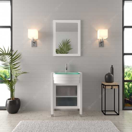 Ava 24" Single Bath Vanity in White with Green Glass Top with Brushed Nickel Faucet and Matching Mirror