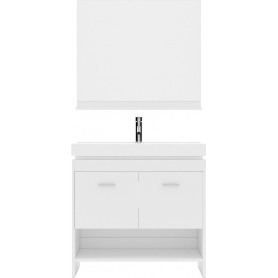 Gloria 36" Single Bath Vanity in White and Square Sink with Brushed Nickel Faucet and Matching Mirror