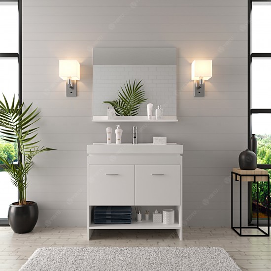 Gloria 36" Single Bath Vanity in White and Square Sink with Brushed Nickel Faucet and Matching Mirror