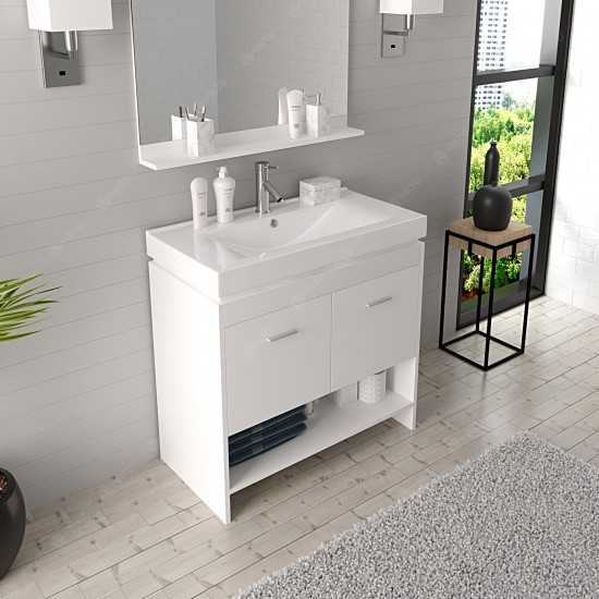 Gloria 36" Single Bath Vanity in White and Square Sink with Brushed Nickel Faucet and Matching Mirror