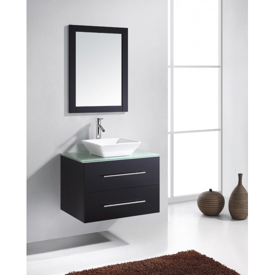 Marsala 29" Single Bath Vanity in Espresso with Green Glass Top and Square Sink and Matching Mirror