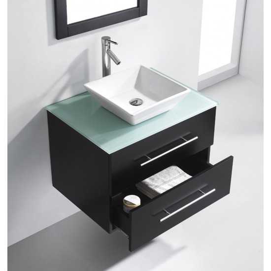 Marsala 29" Single Bath Vanity in Espresso with Green Glass Top and Square Sink and Matching Mirror