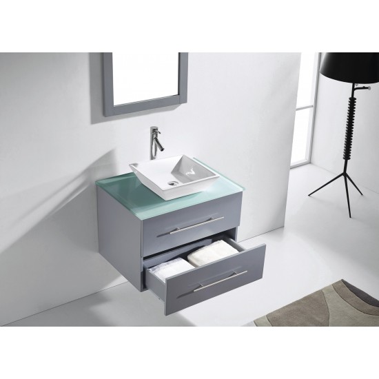 Marsala 29" Single Bath Vanity in Gray with Green Glass Top and Square Sink and Matching Mirror