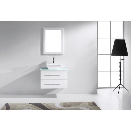 Marsala 29" Single Bath Vanity in White with Green Glass Top and Square Sink and Matching Mirror