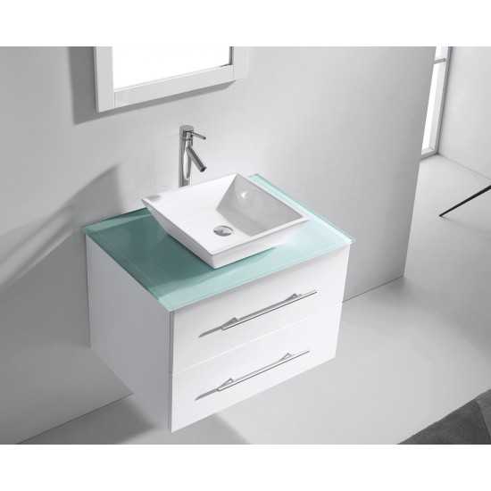 Marsala 29" Single Bath Vanity in White with Green Glass Top and Square Sink and Matching Mirror