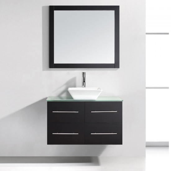 Marsala 35" Single Bath Vanity in Espresso with Clear Glass Top and Square Sink and Matching Mirror