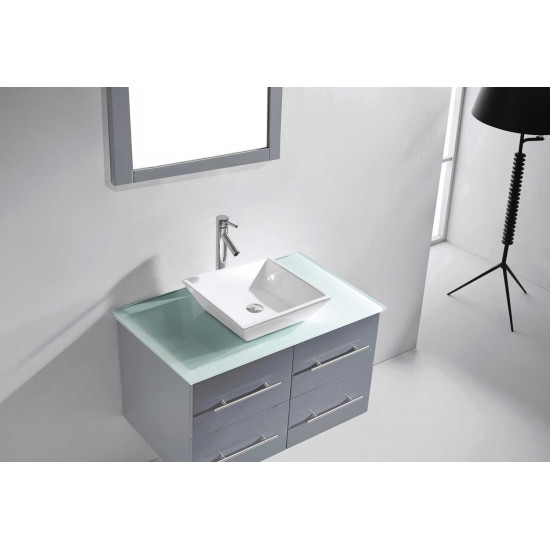 Marsala 35" Single Bath Vanity in Gray with Clear Glass Top and Square Sink and Matching Mirror