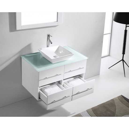 Marsala 35" Single Bath Vanity in White with Clear Glass Top and Square Sink and Matching Mirror