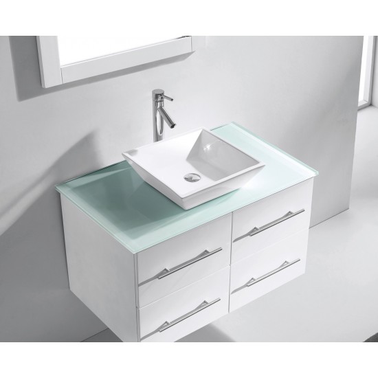 Marsala 35" Single Bath Vanity in White with Clear Glass Top and Square Sink and Matching Mirror