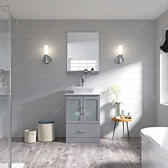 Zola 24" Single Bath Vanity in Gray with White Engineered Stone Top and Square Sink and Matching Mirror