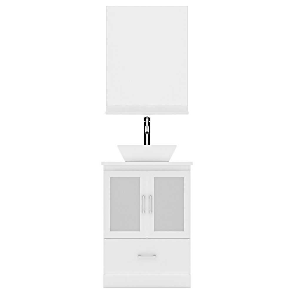 Zola 24" Single Bath Vanity in White with White Engineered Stone Top and Square Sink with Brushed Nickel Faucet and Mirror