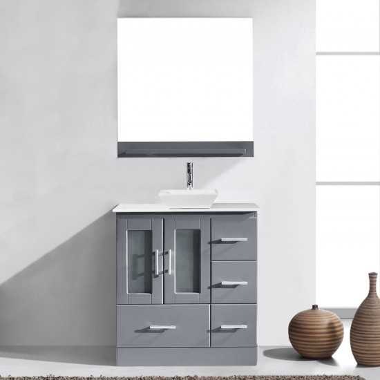 Zola 30" Single Bath Vanity in Gray with White Engineered Stone Top and Square Sink with Brushed Nickel Faucet and Mirror