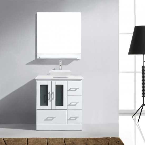 Zola 30" Single Bath Vanity in White with White Engineered Stone Top and Square Sink and Matching Mirror