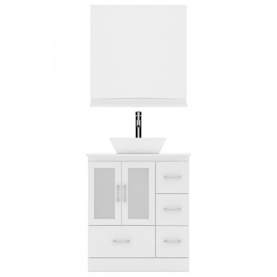 Zola 30" Single Bath Vanity in White with White Engineered Stone Top and Square Sink with Brushed Nickel Faucet and Mirror